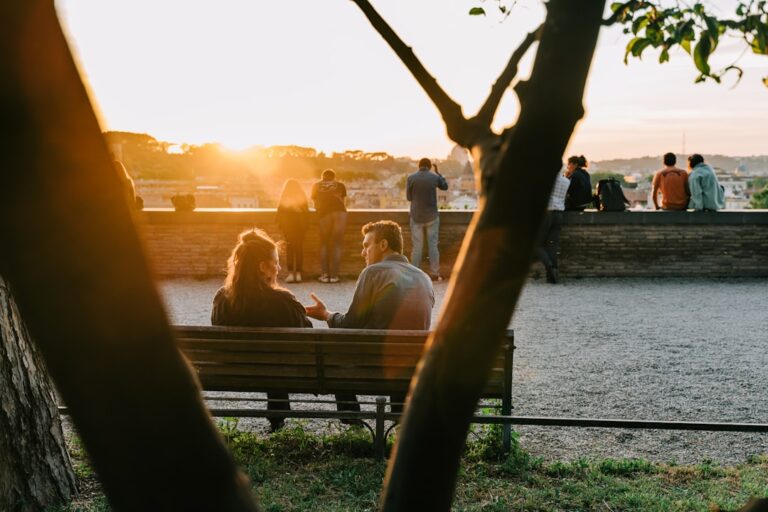 People enjoying the view from the Giardino degli Aranci in Rome, Italy