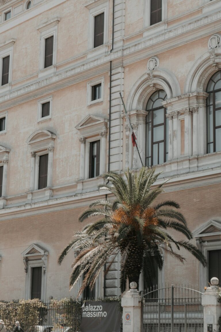 a large building with a palm tree in front of it