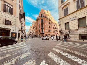 a cobblestone street in a european city