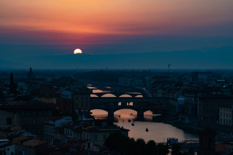 the sun is setting over a city with bridges
