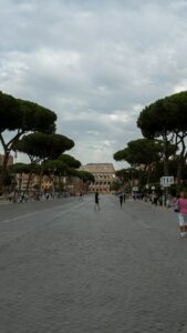 A group of people walking down a street next to trees