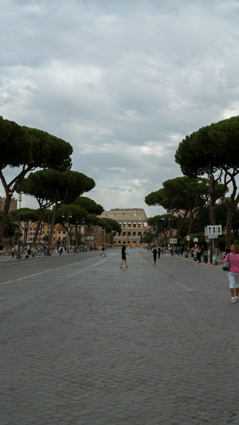 A group of people walking down a street next to trees
