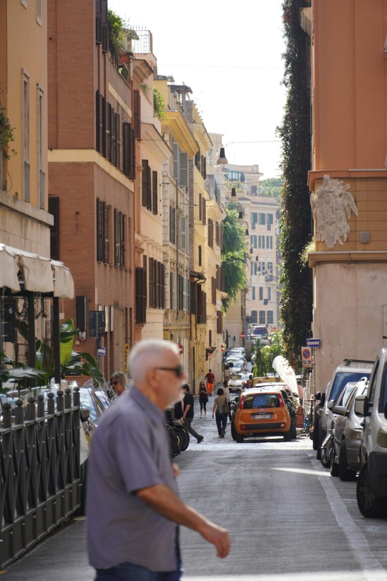 A busy street with people walking and cars parked against buildings, with pedestrians and vehicles in the background.